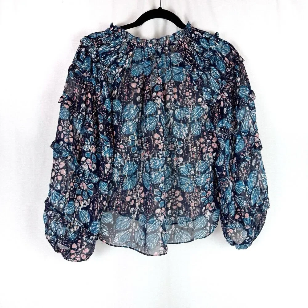 Ulla Johnson Isadora Sill Lurex Indigo Blue Sheer Floral Ruffle Blouse Size 0